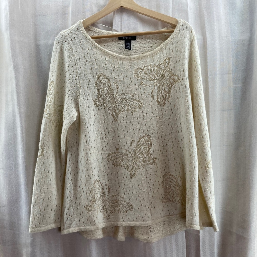 Style & Co‎ Womens Butterfly Knit Sweater Cream XL Long Sleeve Sparkle